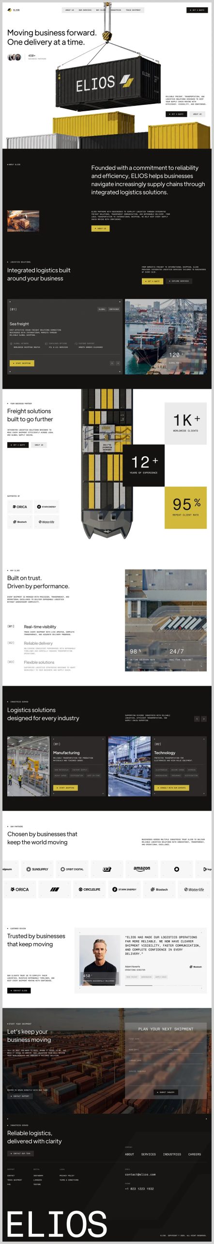 Elios logistics website design featuring shipping containers and a black, white and yellow layout