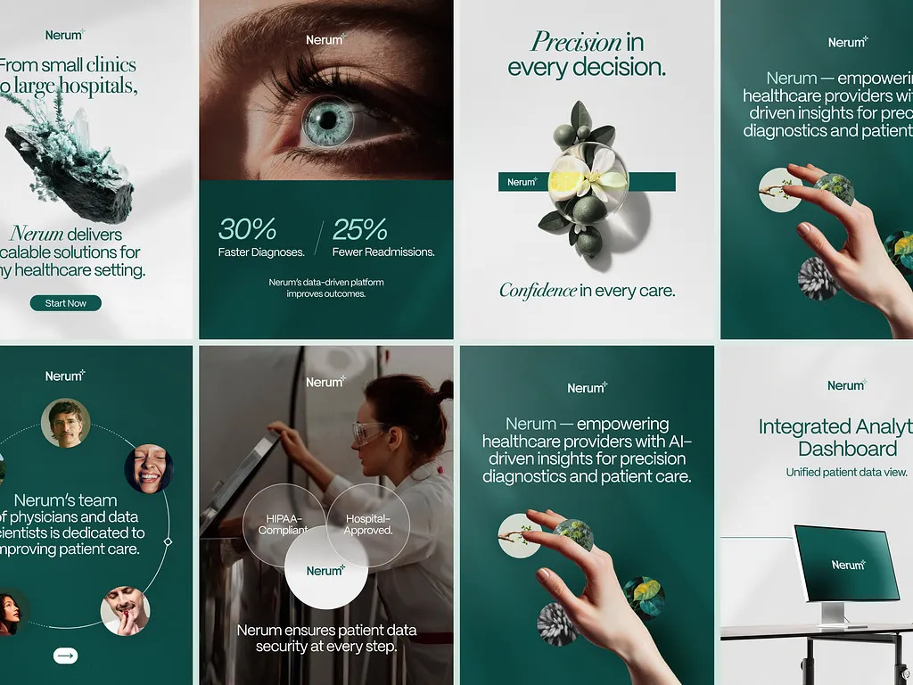 Nerum healthcare social media designs featuring medical imagery and green-and-white layouts