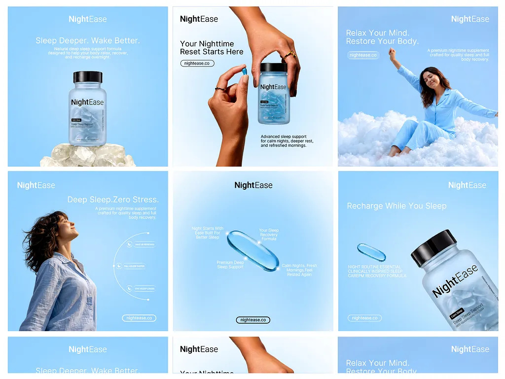 NightEase sleep supplement social media designs featuring product bottles and light-blue backgrounds