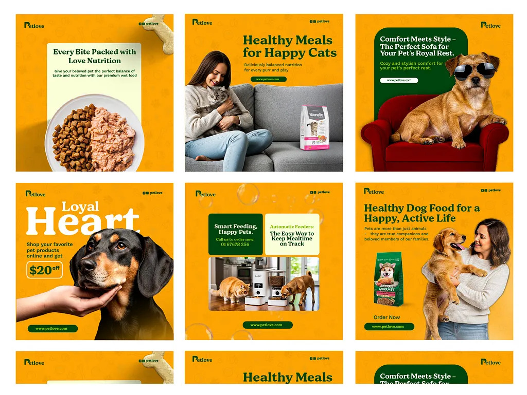 PetLove pet food social media designs featuring cats, dogs and product packaging