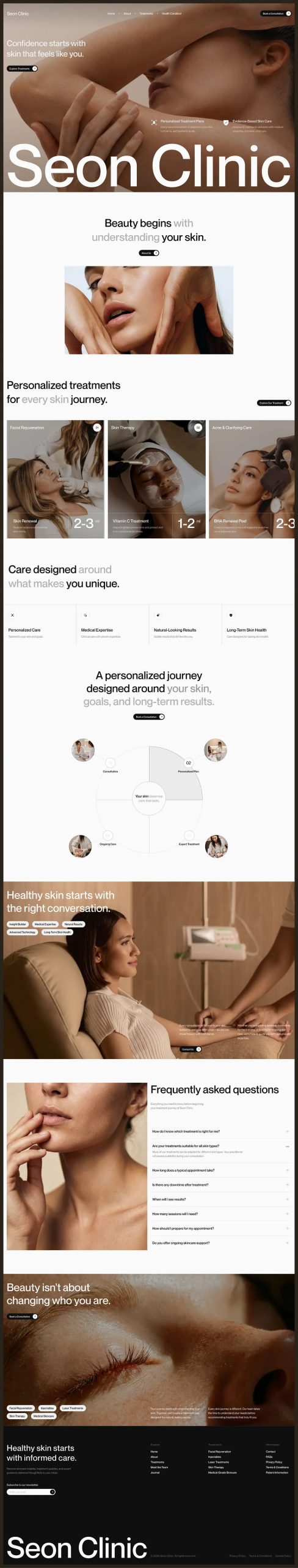 Seon Clinic homepage design showcasing aesthetic treatments, clinic services and consultation booking