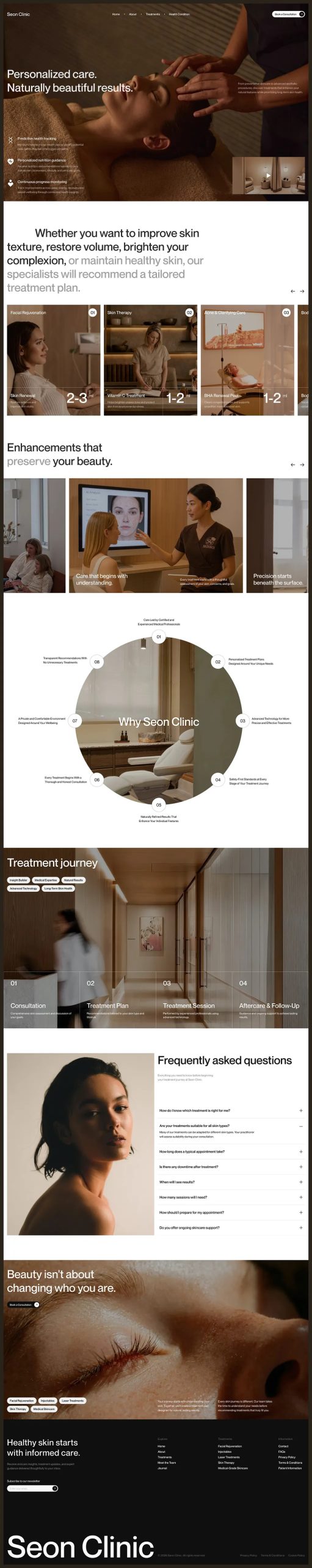 Seon Clinic landing page design featuring skincare treatments, clinic photography and appointment booking