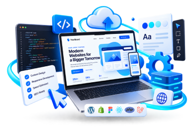 Responsive website displayed on a laptop and phone with coding, design and cloud icons