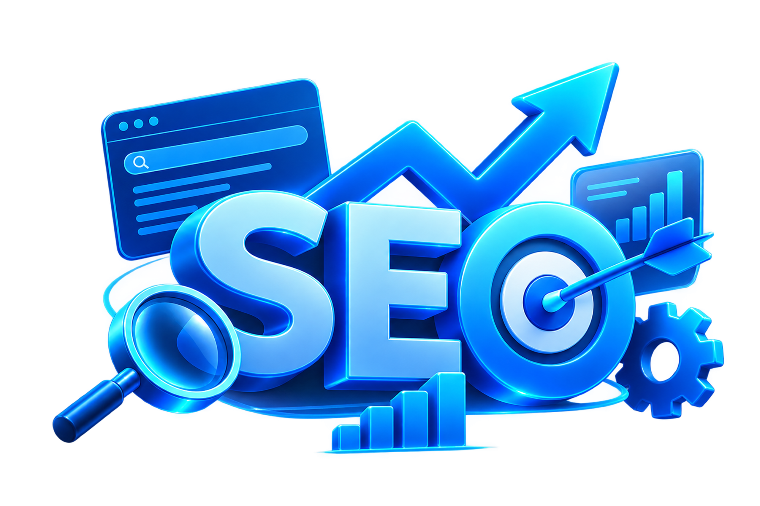 SEO illustration with a search bar, magnifying glass, target and rising performance chart