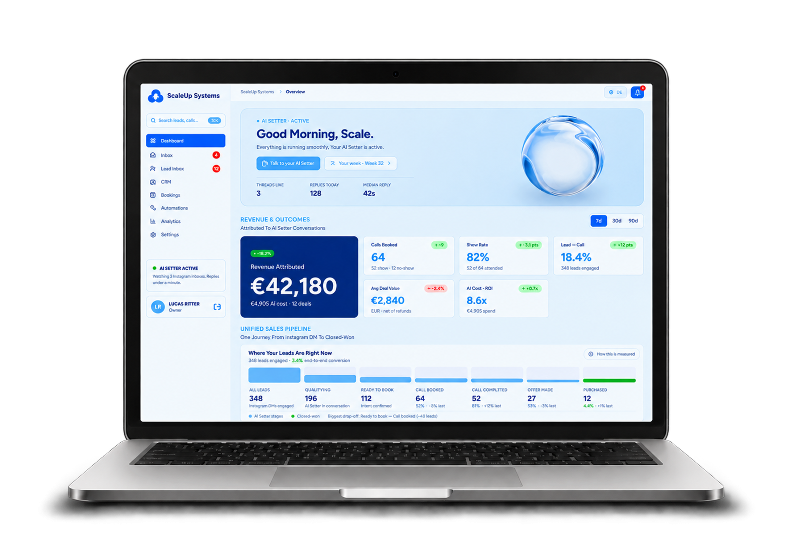 Business management dashboard on a laptop showing performance metrics and reports