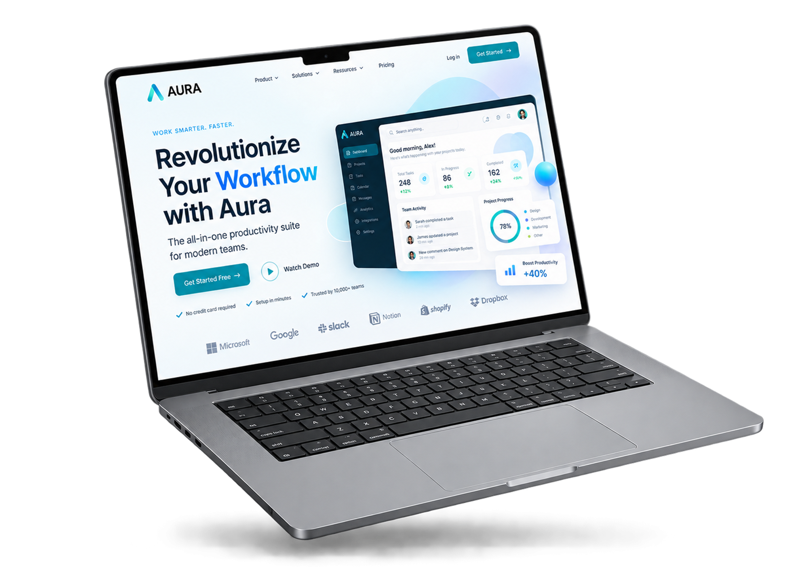 Laptop displaying the Aura productivity website and a workflow dashboard