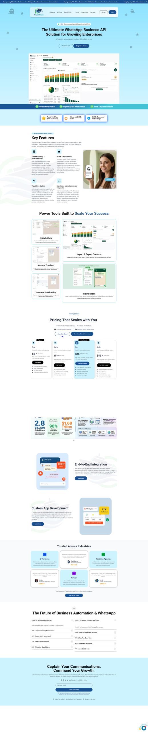 Wacaptain WhatsApp Business API website design with dashboard previews and pricing plans