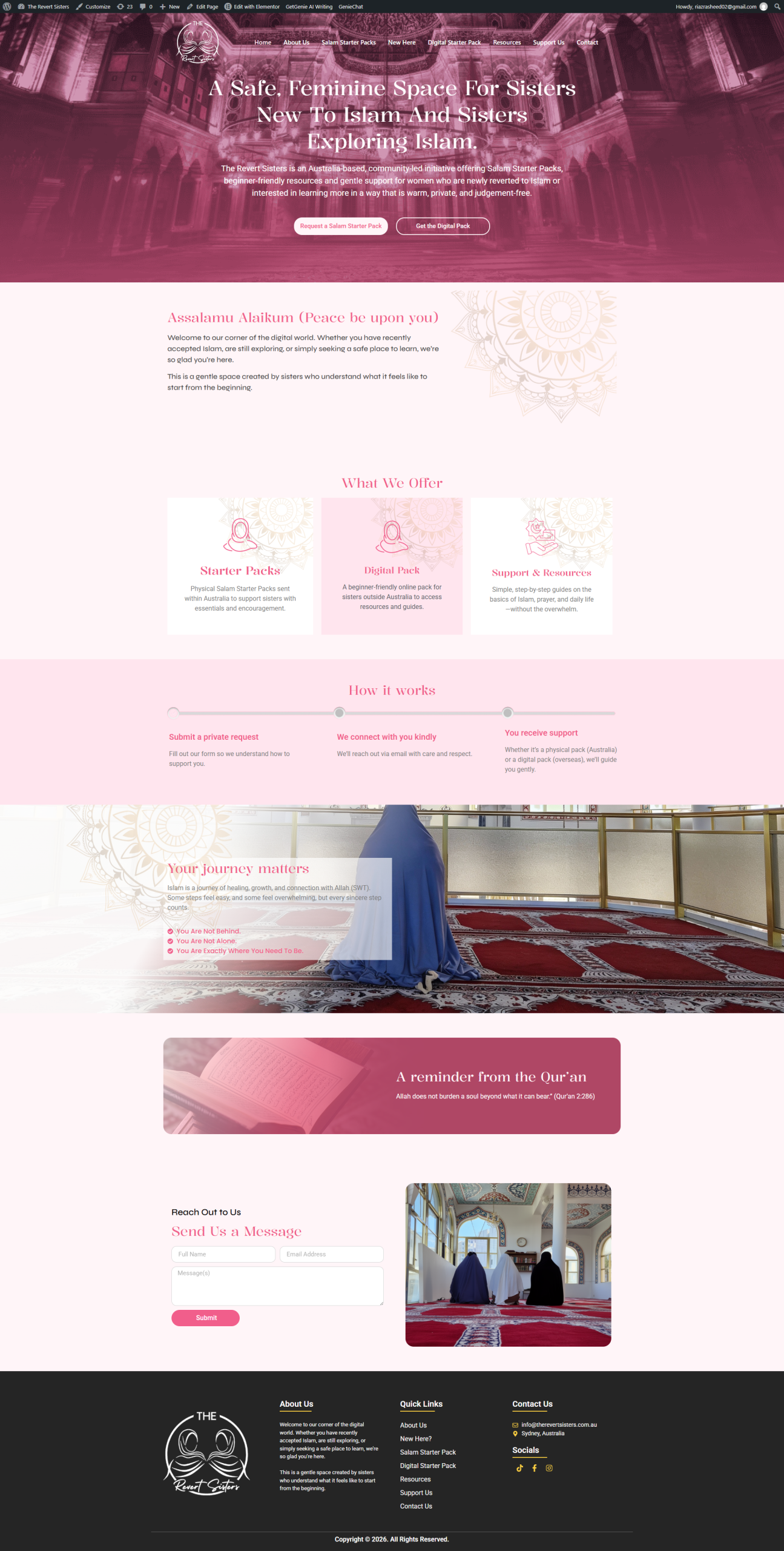 The Revert Sisters community website design with support resources and a pink colour palette