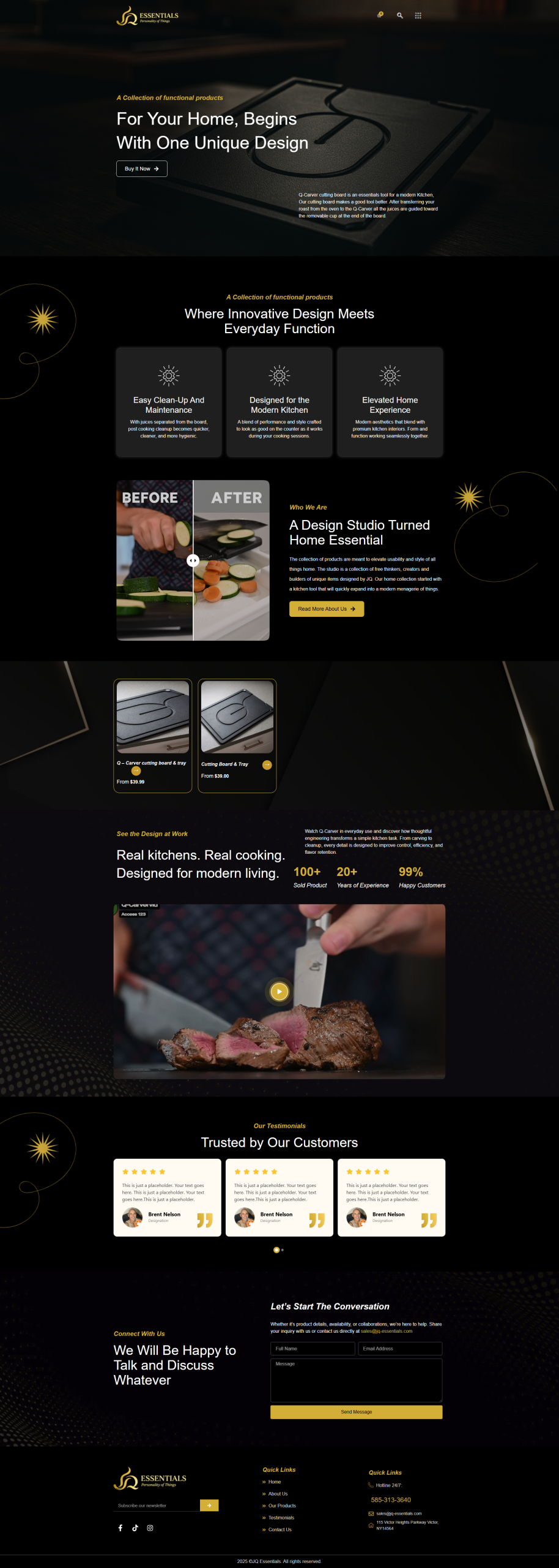 Essentials homeware website design featuring a kitchen cutting board and product benefits